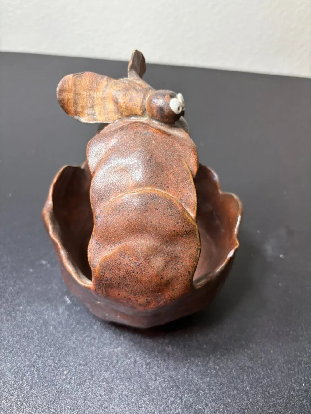 Vintage Primitive Handmade Ceramic Basket with Bumble Bee